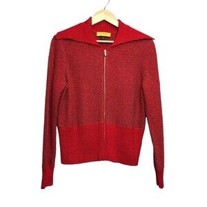 St John Knit Zip Up Jacket Red Marled‎ Long Sleeves Womens MED